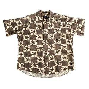 Kenneth Gordon Men's Shirt Linen Geometric‎ Hawaiian Brown Short Sleeve Size XL